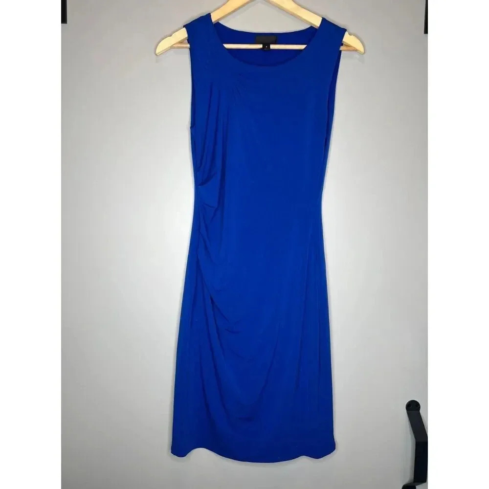 Worthington pencil midi dress slinky royal blue ruched sleeveless size 4 MED